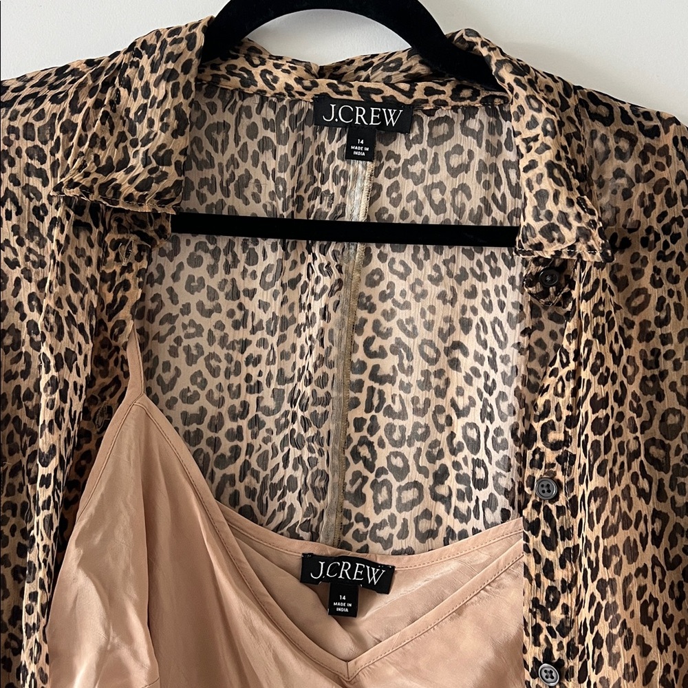 J. Crew Brown Leopard Print Sheer Button Down Shirt Size 14 - Picture 5 of 9